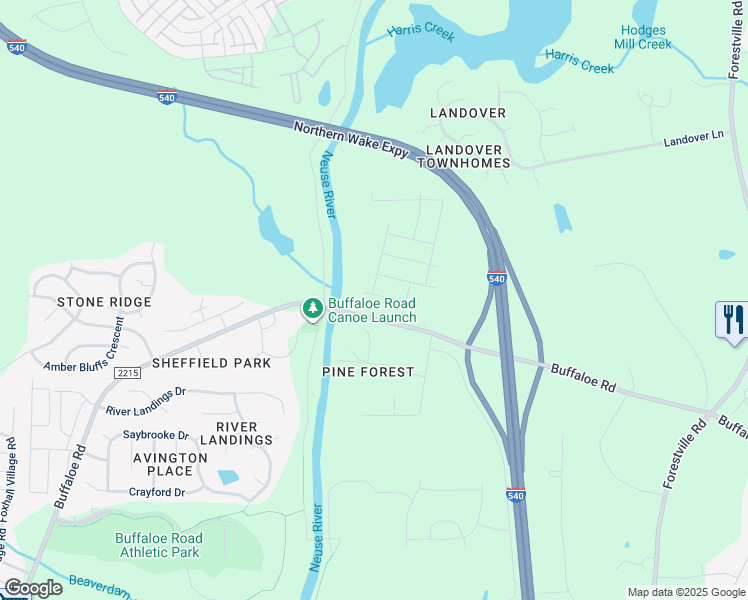 map of restaurants, bars, coffee shops, grocery stores, and more near 5100-5198 South Pine Court in Raleigh