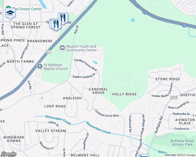 map of restaurants, bars, coffee shops, grocery stores, and more near 5300 Cardinal Grove Boulevard in Raleigh