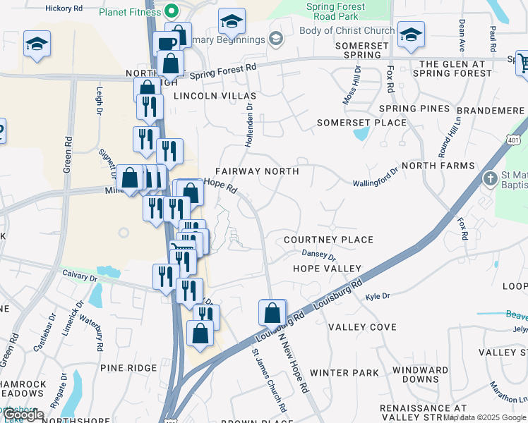 map of restaurants, bars, coffee shops, grocery stores, and more near 4840 North New Hope Road in Raleigh