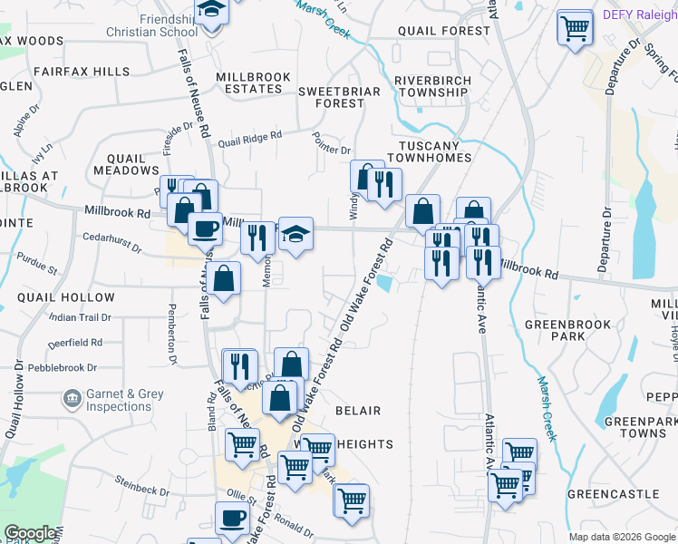 map of restaurants, bars, coffee shops, grocery stores, and more near 1707 Sorrell Brook Way in Raleigh