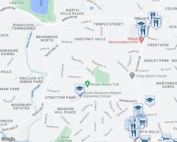 map of restaurants, bars, coffee shops, grocery stores, and more near 5001 Rampart Street in Raleigh