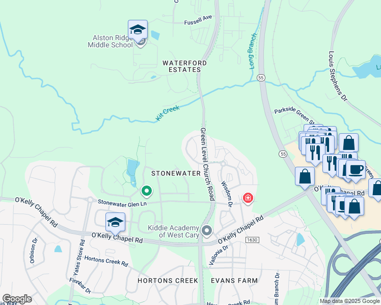 map of restaurants, bars, coffee shops, grocery stores, and more near 722 Silver Stream Lane in Cary