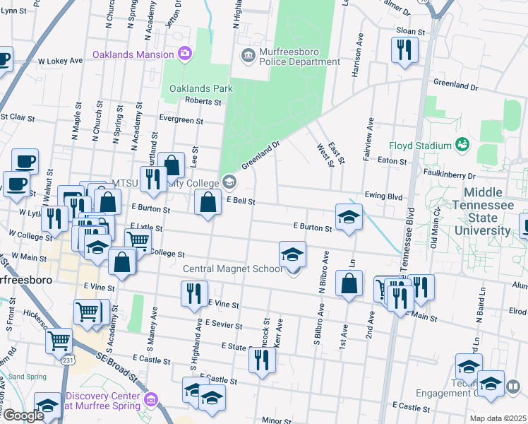 map of restaurants, bars, coffee shops, grocery stores, and more near 420 North University Street in Murfreesboro