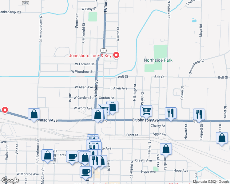 map of restaurants, bars, coffee shops, grocery stores, and more near 409 Labaume Street in Jonesboro