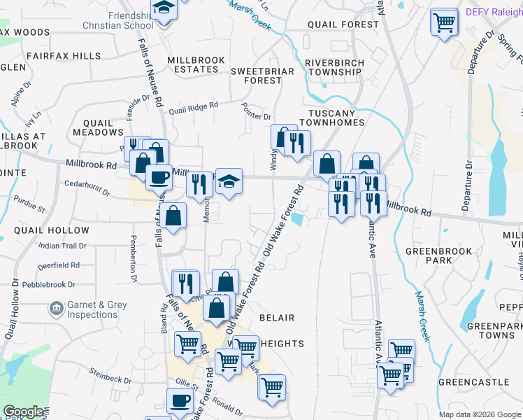 map of restaurants, bars, coffee shops, grocery stores, and more near 1707 Sorrell Brook Way in Raleigh