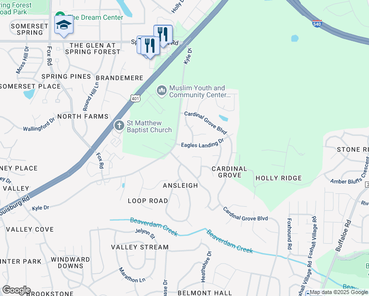 map of restaurants, bars, coffee shops, grocery stores, and more near 5112 Eagles Landing Drive in Raleigh