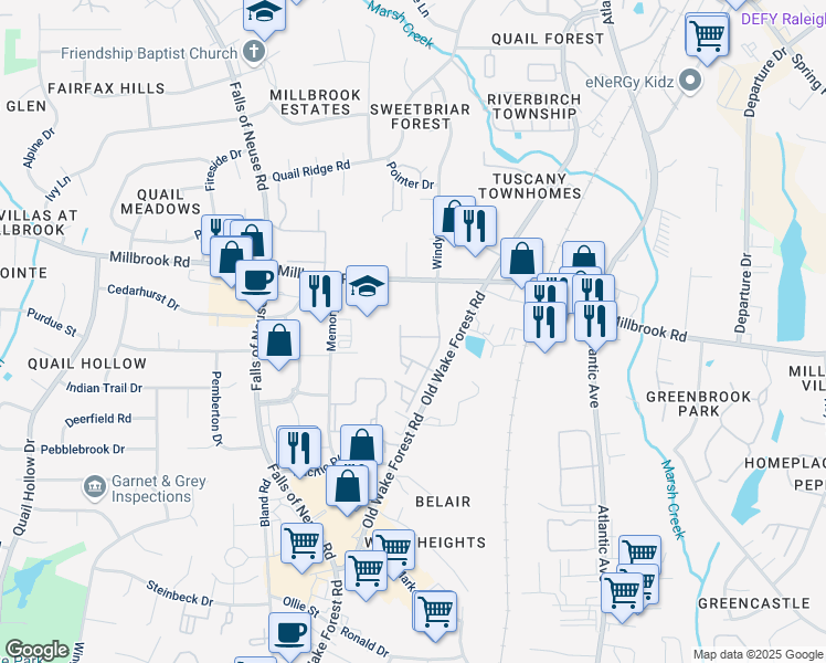 map of restaurants, bars, coffee shops, grocery stores, and more near 1715 Sorrell Brook Way in Raleigh