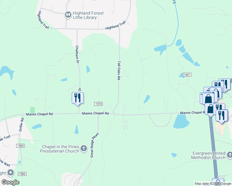 map of restaurants, bars, coffee shops, grocery stores, and more near 175 Tall Oaks Road in Chapel Hill