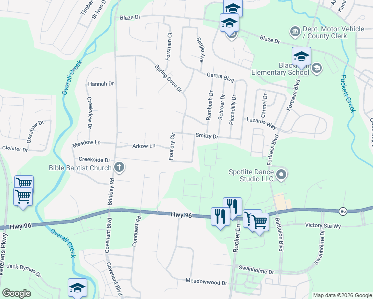 map of restaurants, bars, coffee shops, grocery stores, and more near 4408 Spring Cove Drive in Murfreesboro