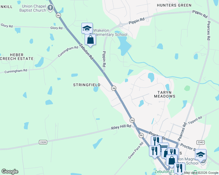 map of restaurants, bars, coffee shops, grocery stores, and more near 8621 Bobbfield Way in Zebulon