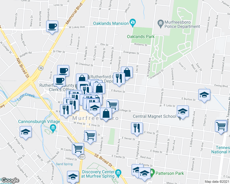 map of restaurants, bars, coffee shops, grocery stores, and more near 322 East Burton Street in Murfreesboro