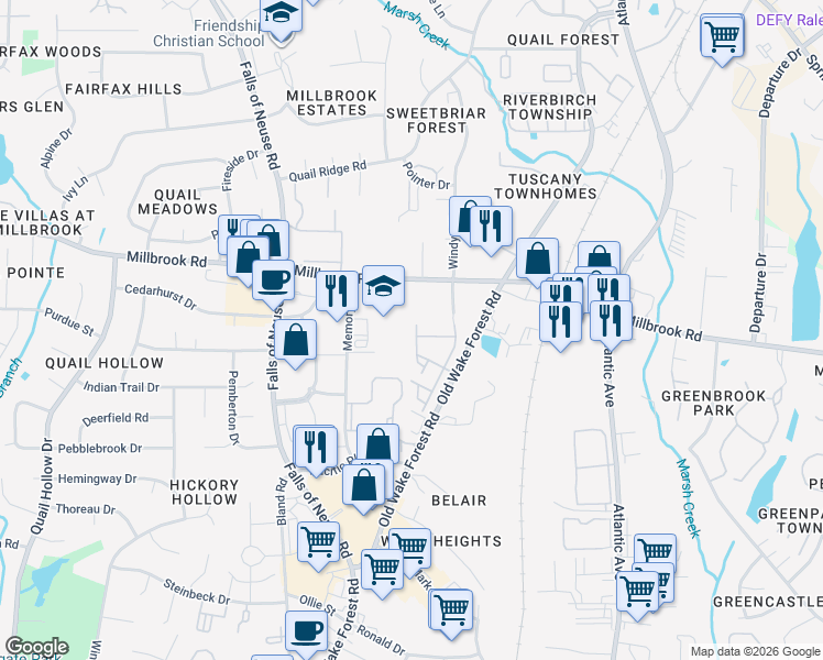 map of restaurants, bars, coffee shops, grocery stores, and more near 1707 Sorrell Brook Way in Raleigh