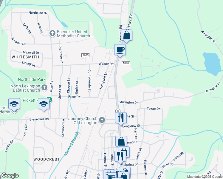 map of restaurants, bars, coffee shops, grocery stores, and more near 1680 North Carolina 8 in Lexington