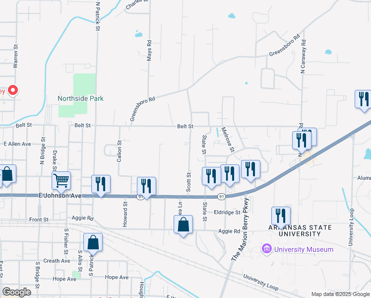 map of restaurants, bars, coffee shops, grocery stores, and more near 400 Scott Street in Jonesboro