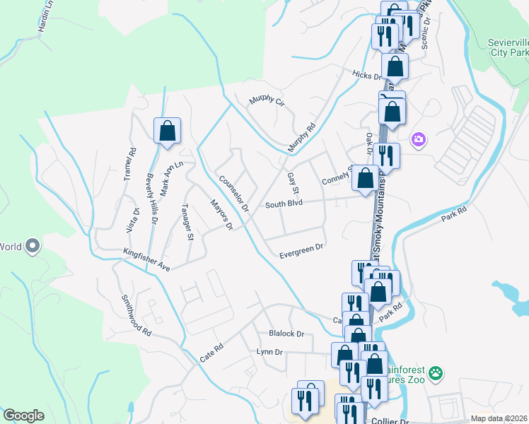 map of restaurants, bars, coffee shops, grocery stores, and more near 316 South Boulevard in Sevierville