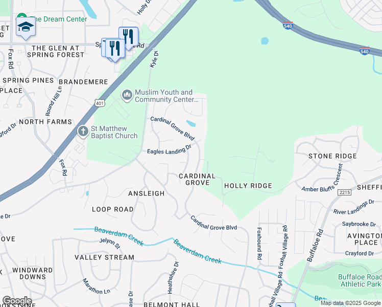 map of restaurants, bars, coffee shops, grocery stores, and more near 5312 Carriage Pine Drive in Raleigh