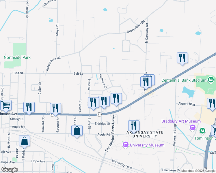 map of restaurants, bars, coffee shops, grocery stores, and more near 404 Melrose Street in Jonesboro