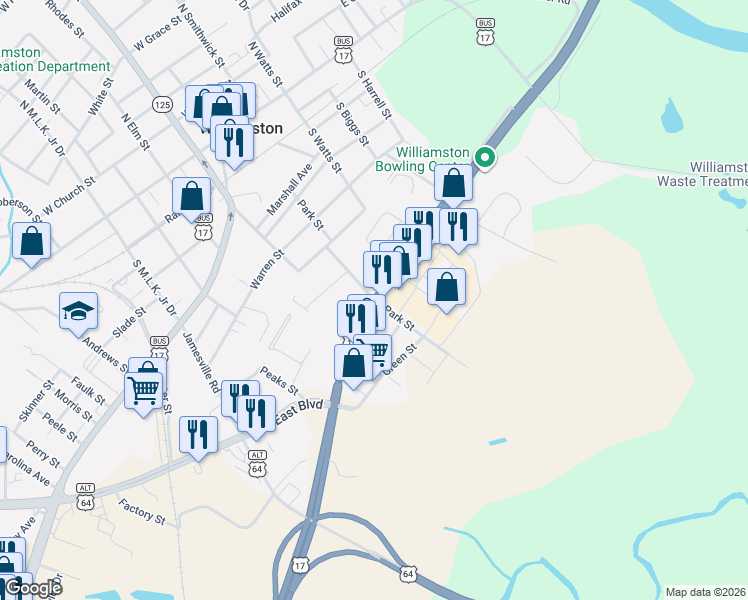 map of restaurants, bars, coffee shops, grocery stores, and more near Park Street in Williamston