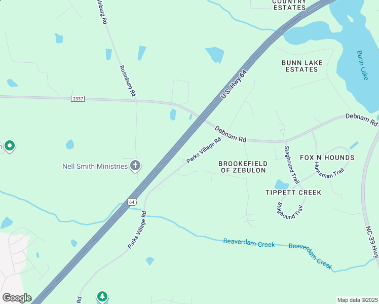 map of restaurants, bars, coffee shops, grocery stores, and more near 1425 Parks Village Road in Zebulon