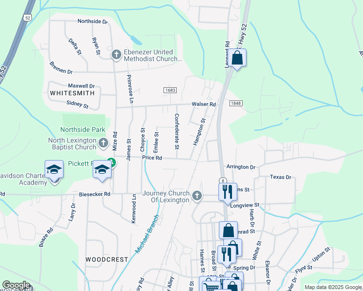 map of restaurants, bars, coffee shops, grocery stores, and more near 206 Confederate Street in Lexington