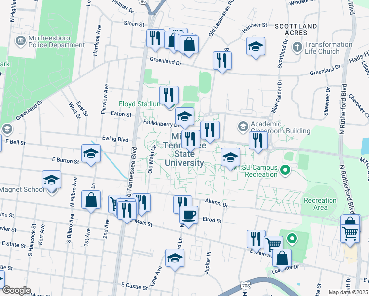map of restaurants, bars, coffee shops, grocery stores, and more near 1301 East Main Street in Murfreesboro