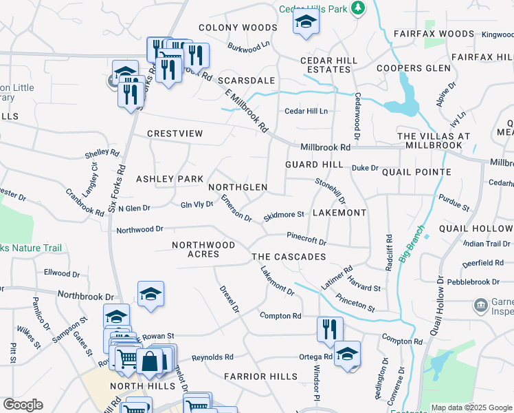 map of restaurants, bars, coffee shops, grocery stores, and more near 5208 Knollwood Road in Raleigh