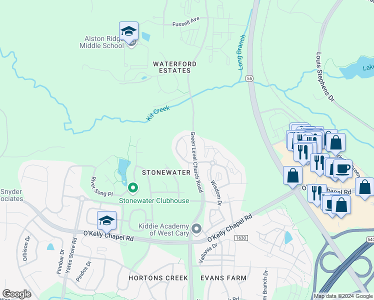 map of restaurants, bars, coffee shops, grocery stores, and more near 722 Silver Stream Lane in Cary