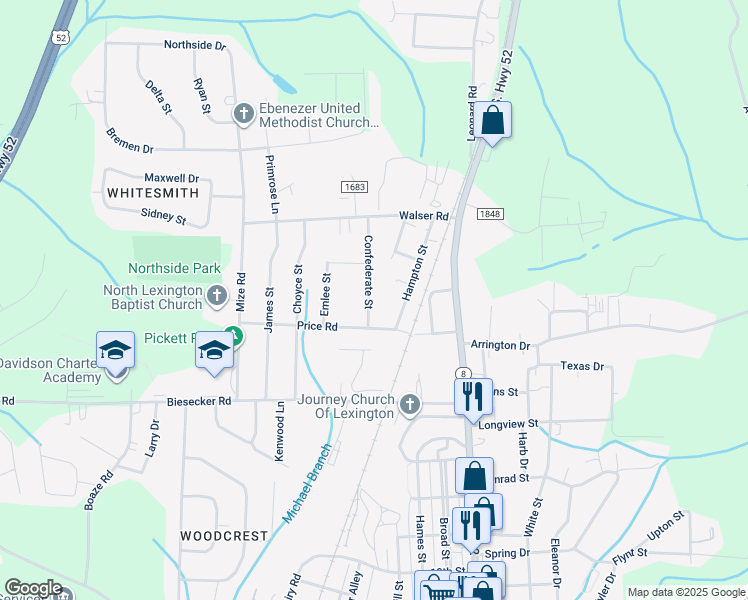 map of restaurants, bars, coffee shops, grocery stores, and more near 206 Confederate Street in Lexington