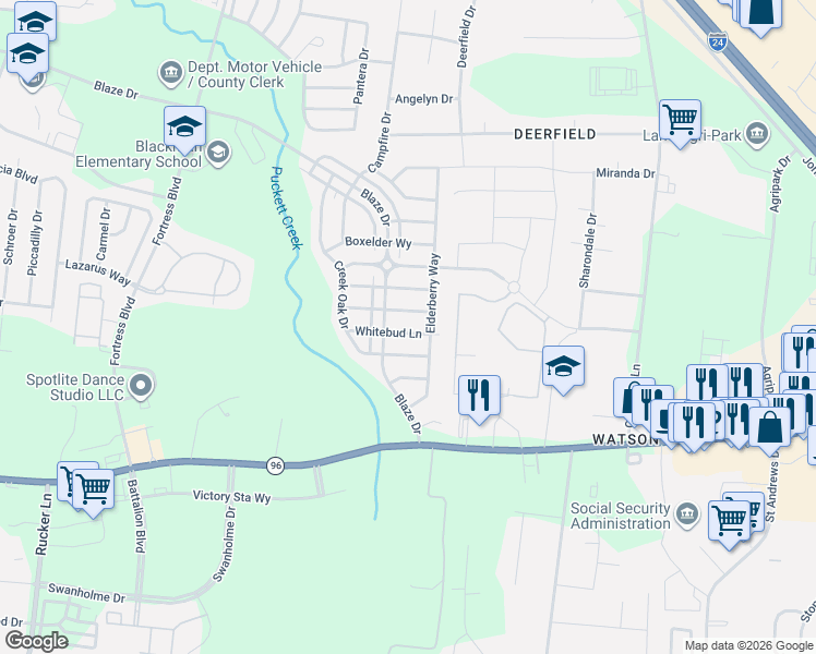 map of restaurants, bars, coffee shops, grocery stores, and more near 3408 Whitebud Lane in Murfreesboro