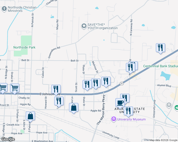 map of restaurants, bars, coffee shops, grocery stores, and more near 1811 Self Circle in Jonesboro