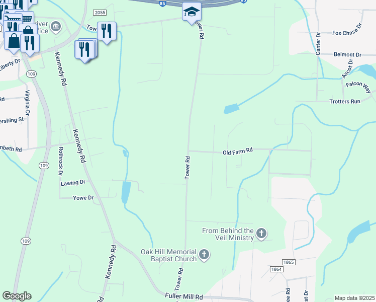 map of restaurants, bars, coffee shops, grocery stores, and more near Tower Road in Thomasville