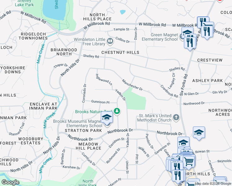 map of restaurants, bars, coffee shops, grocery stores, and more near 5001 Rampart Street in Raleigh