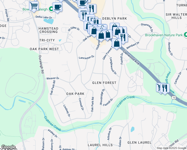 map of restaurants, bars, coffee shops, grocery stores, and more near 4908 Hollyridge Drive in Raleigh