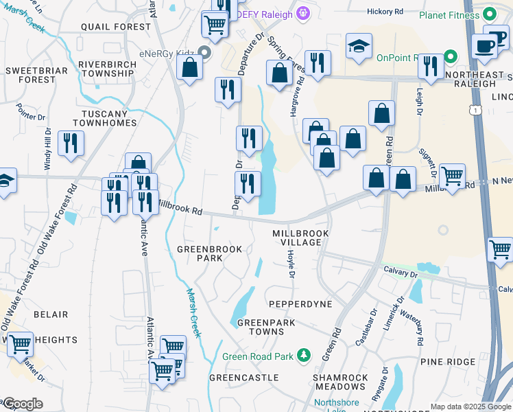 map of restaurants, bars, coffee shops, grocery stores, and more near 2411 East Millbrook Road in Raleigh