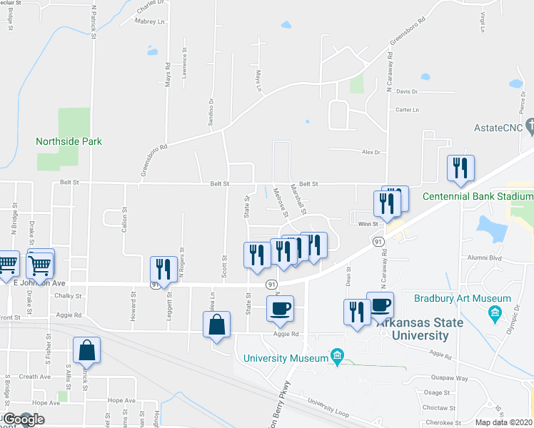 map of restaurants, bars, coffee shops, grocery stores, and more near 1813 Self Circle in Jonesboro
