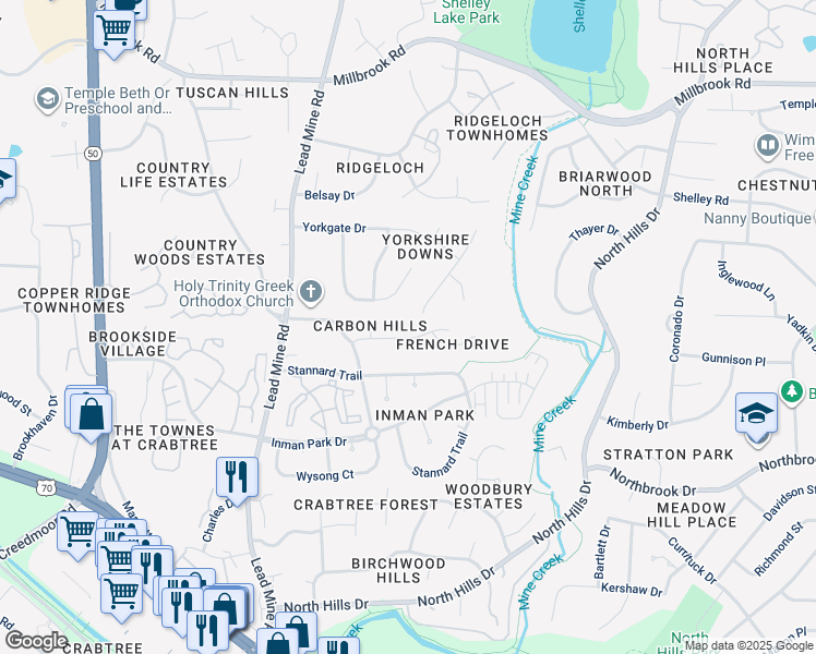 map of restaurants, bars, coffee shops, grocery stores, and more near 1904 French Drive in Raleigh