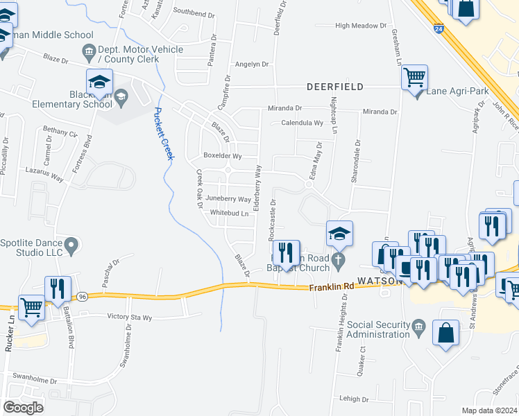 map of restaurants, bars, coffee shops, grocery stores, and more near 412 Elderberry Way in Murfreesboro