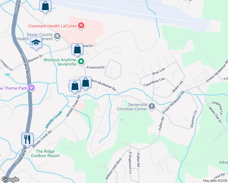 map of restaurants, bars, coffee shops, grocery stores, and more near 1105 Oak Cluster Drive in Sevierville