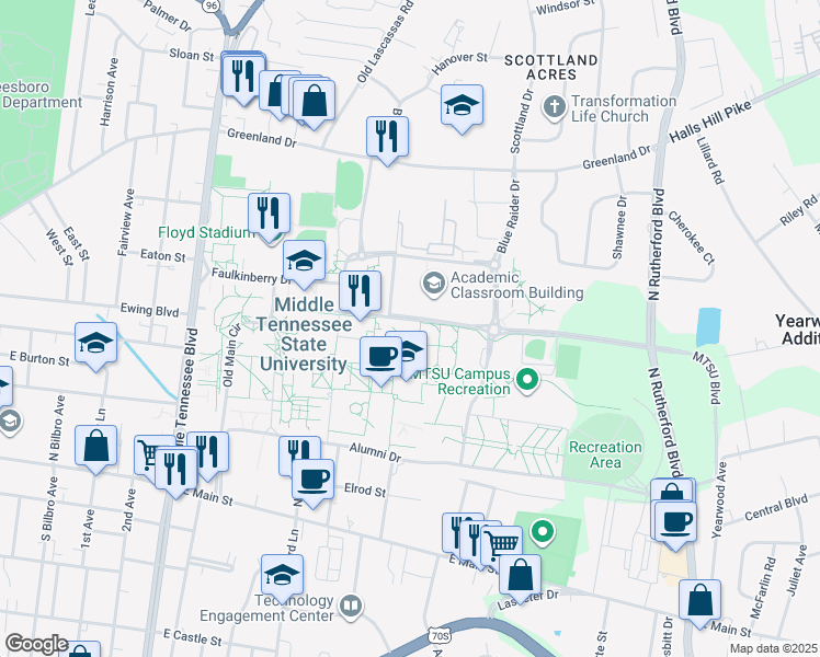 map of restaurants, bars, coffee shops, grocery stores, and more near 1744 MTSU Boulevard in Murfreesboro