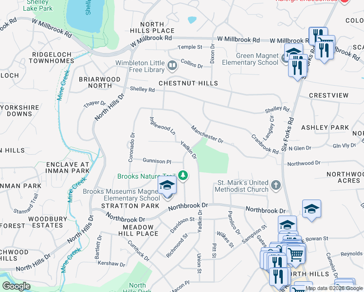map of restaurants, bars, coffee shops, grocery stores, and more near 5001 Rampart Street in Raleigh