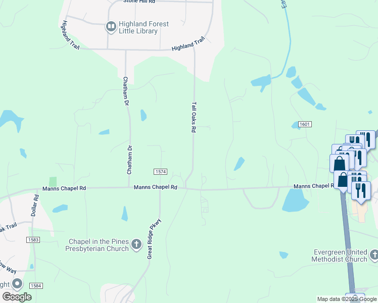 map of restaurants, bars, coffee shops, grocery stores, and more near 175 Tall Oaks Road in Chapel Hill