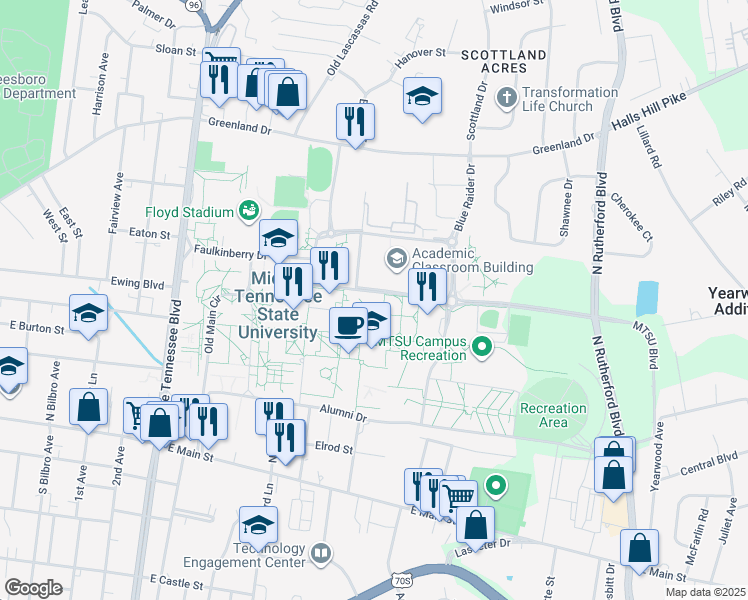 map of restaurants, bars, coffee shops, grocery stores, and more near 1744 MTSU Boulevard in Murfreesboro