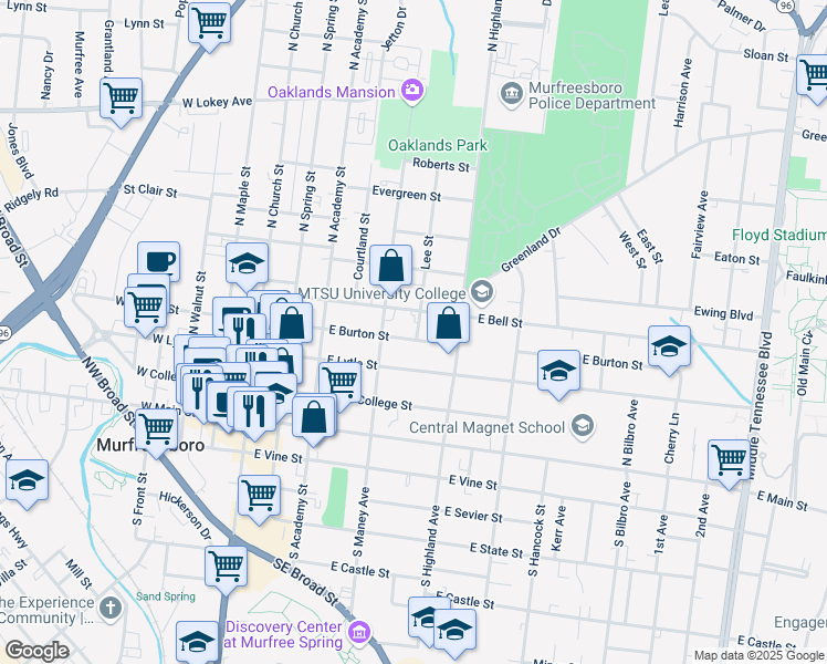 map of restaurants, bars, coffee shops, grocery stores, and more near 427 Lee Street in Murfreesboro