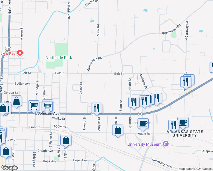 map of restaurants, bars, coffee shops, grocery stores, and more near 404 North Rogers Street in Jonesboro