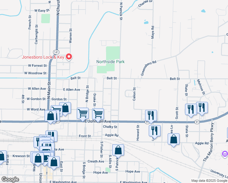 map of restaurants, bars, coffee shops, grocery stores, and more near 345 North Allis Street in Jonesboro