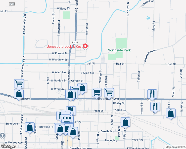 map of restaurants, bars, coffee shops, grocery stores, and more near 406-408 Miller Street in Jonesboro