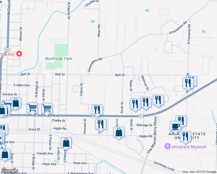 map of restaurants, bars, coffee shops, grocery stores, and more near 404 North Rogers Street in Jonesboro