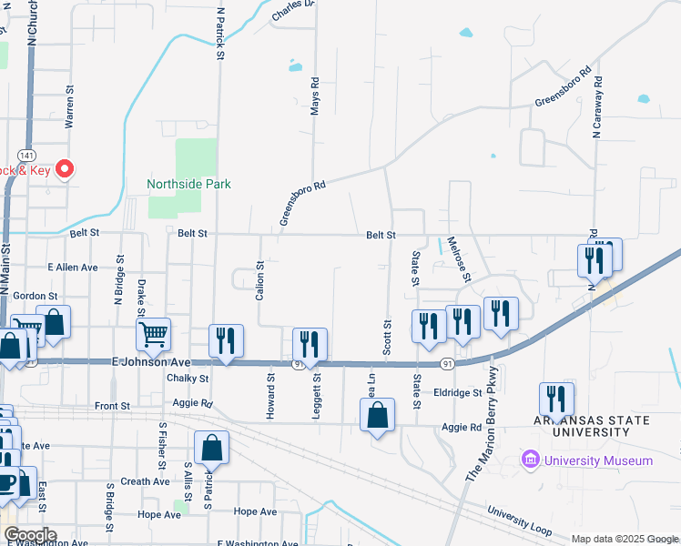 map of restaurants, bars, coffee shops, grocery stores, and more near 404 North Rogers Street in Jonesboro