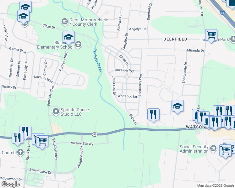 map of restaurants, bars, coffee shops, grocery stores, and more near 543 Creek Oak Drive in Murfreesboro