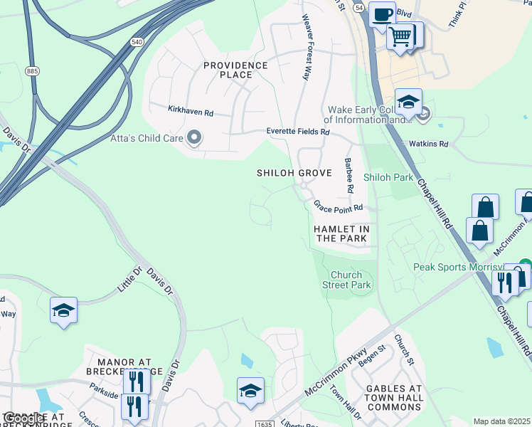 map of restaurants, bars, coffee shops, grocery stores, and more near 206 Suffolk Green Lane in Morrisville